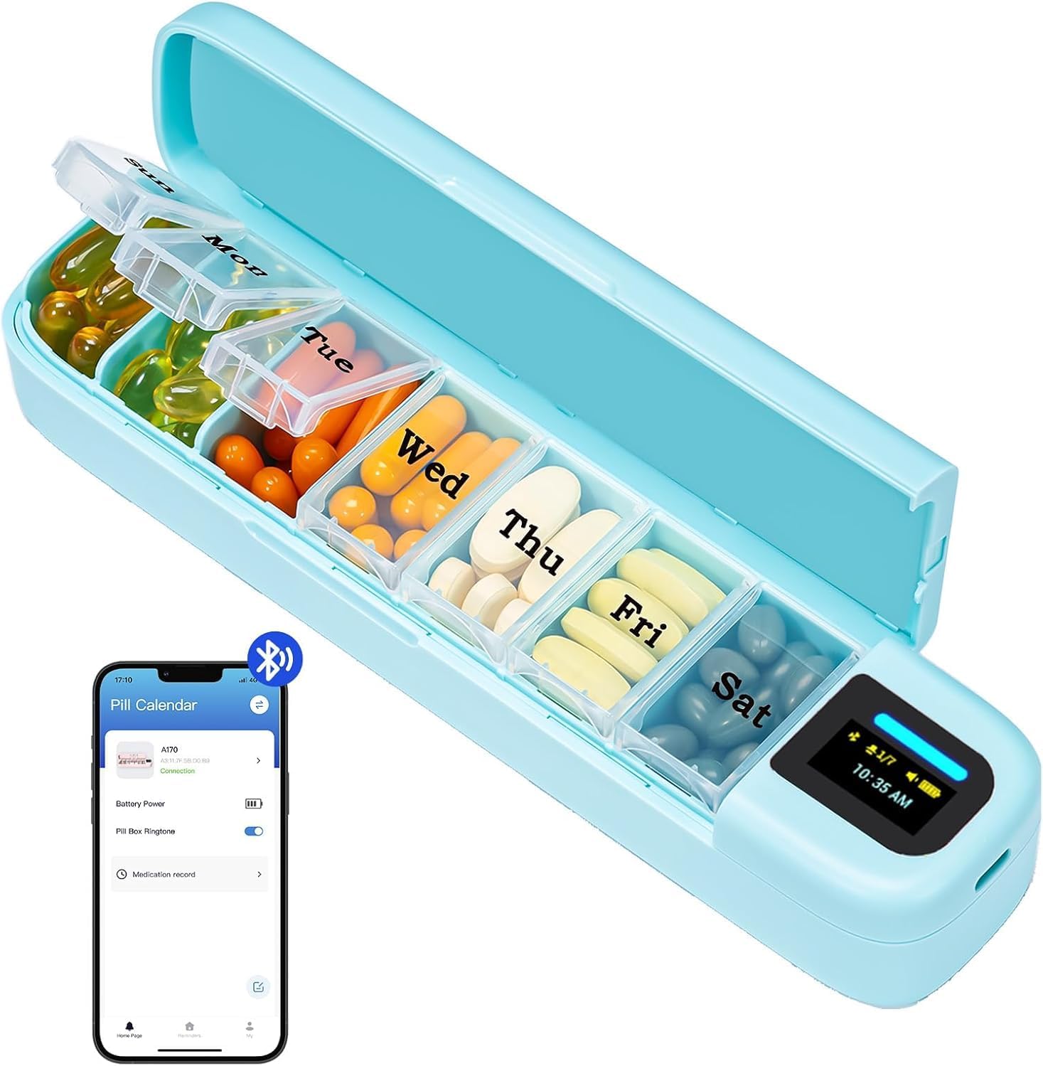 Medicine Cabinet Lock - スマートピルオーガナイザー（アラーム＆Bluetoothアプリ付き）、週間旅行用ピルボックス（7日間）、携帯用ピルリマインダー（薬・ビタミン用）