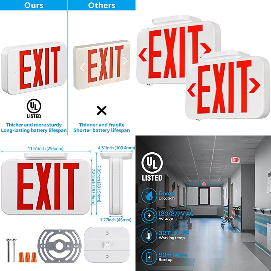 Emergency Exit Sign - LED非常口標識、バッテリーバックアップ付き非常口灯、両面、UL 924、AC 120/277V、湿潤場所対応、ハードウィレター非常口標識