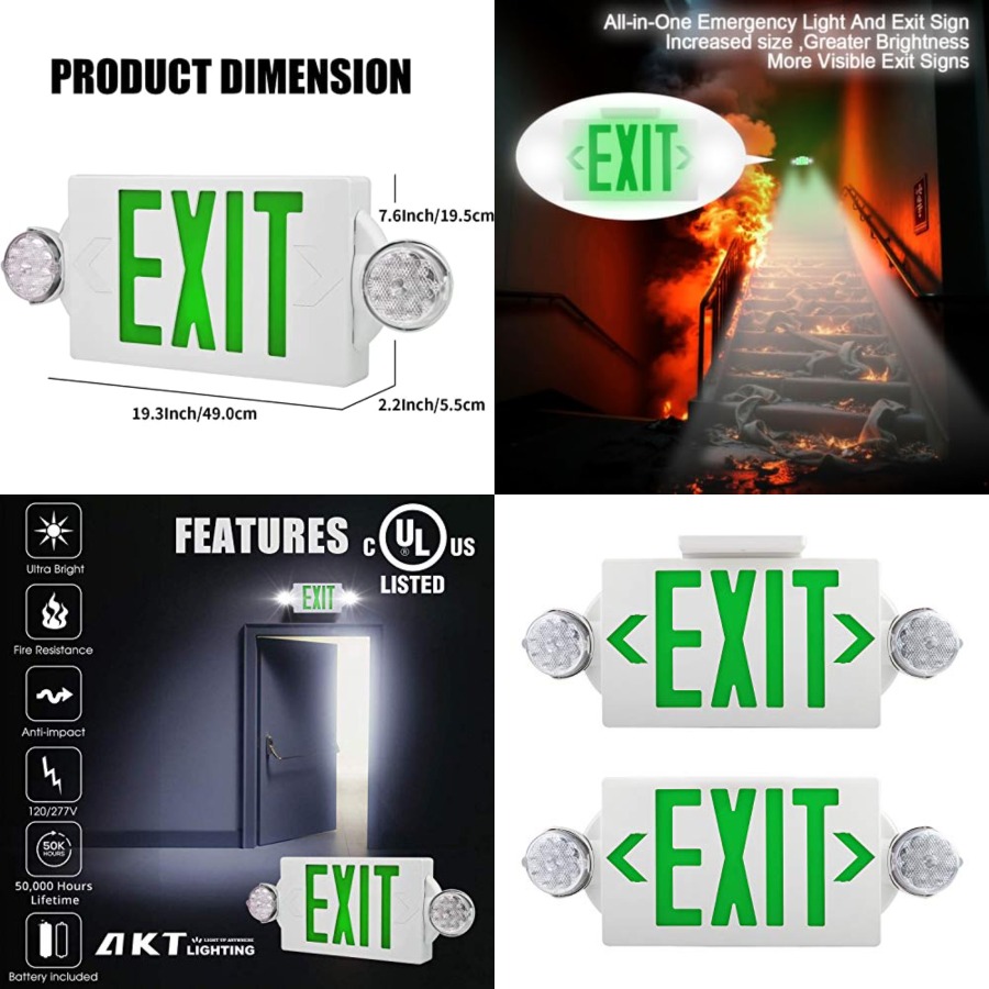 Emergency Exit Sign - 非常口灯、調整可能な2つのLEDヘッド付き非常口標識灯、バックアップバッテリー付き業務用非常口照明コンボ