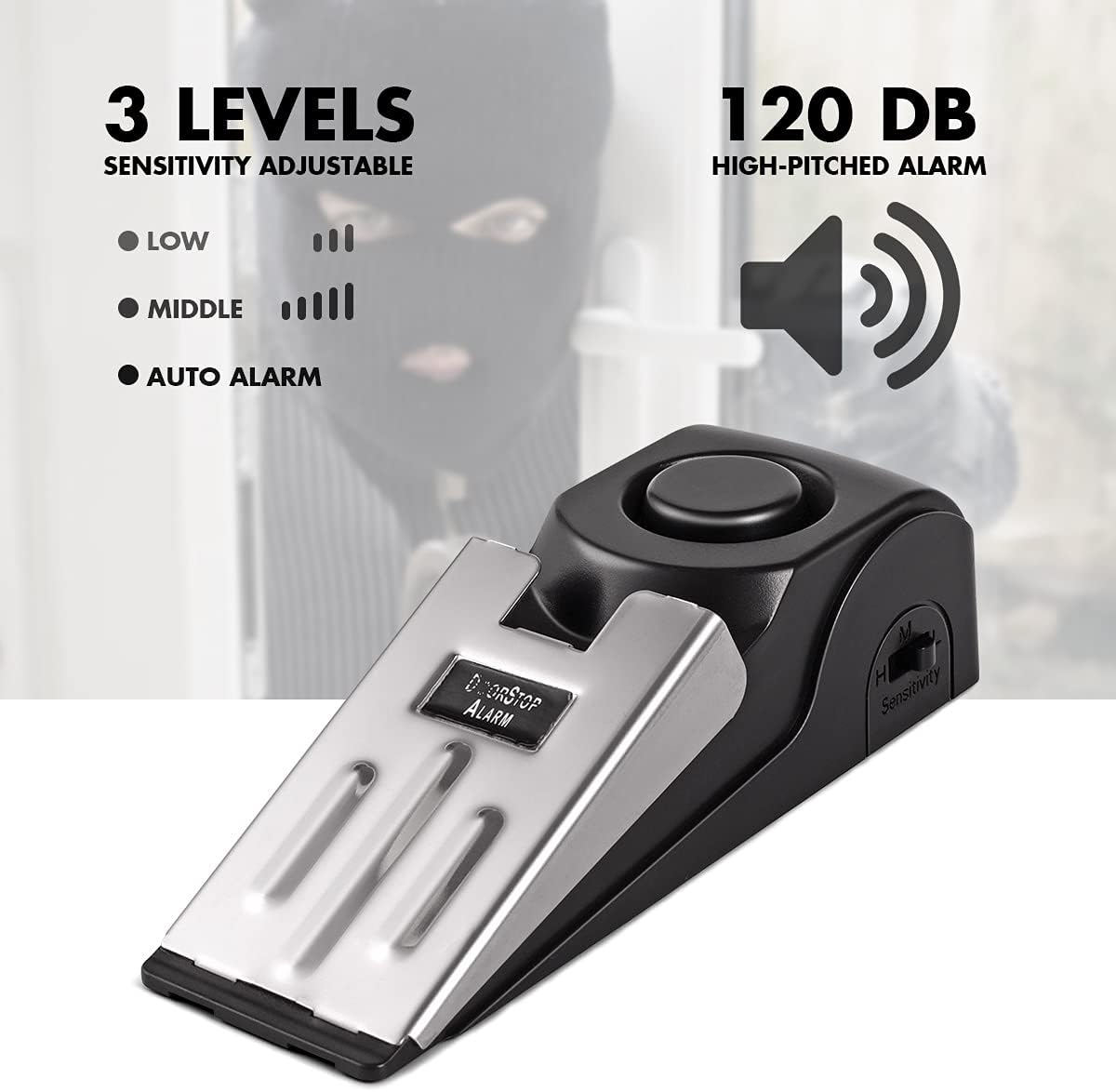Door Stop Alarm - ドアストップアラーム、120DBセキュリティアラーム付きドアストッパー、トラベルアパートホームハウスドアアラーム用フロアウェッジドアストップ