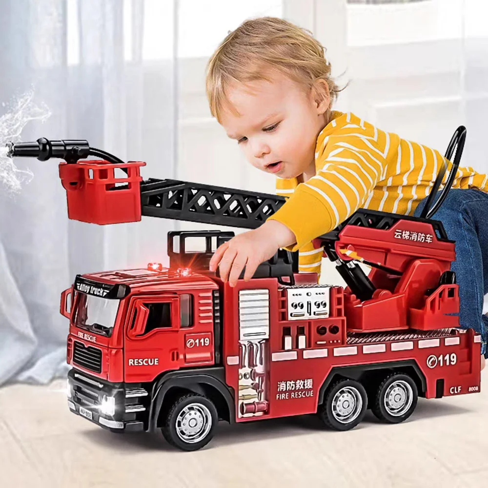Fire Escape Ladder - 1/32 消防車車のおもちゃモデルサウンドライトはしご消防車ホイールプルバックスプリンクラー救助車両男の子の装飾ギフト