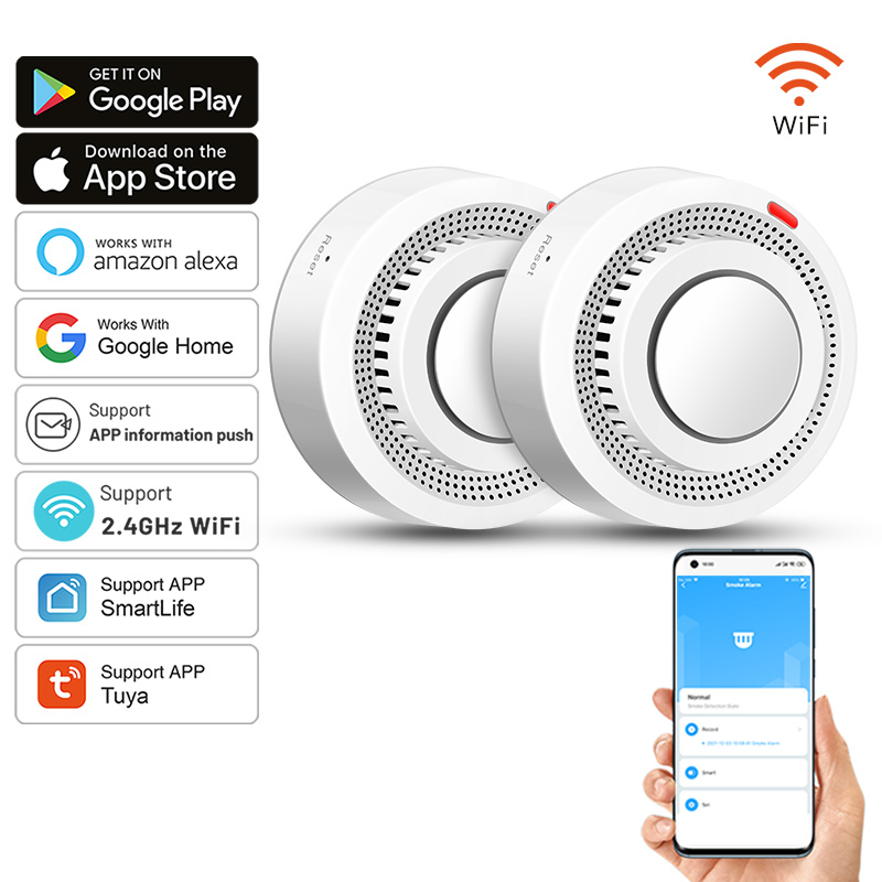Smoke Detector Interconnected - 2パックTuyaスマートWiFi煙感知器、リアルタイムAPPアラート付き、ワイヤレス火災センサーアラーム、85dBサウンド、家庭/オフィス用