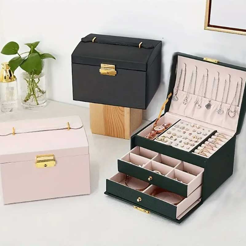 3 つの引き出しハンドヘルドジュエリーボックスイヤリングリン - Lockbox Key Secure のレビューと価格