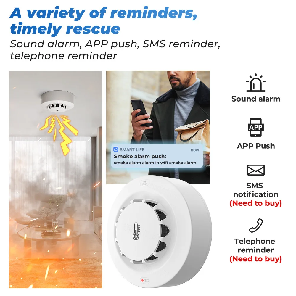 Tuya Wifi BT 2 接続煙探知器温度湿度測定装置  - Smoke Detector Interconnected のレビューと価格