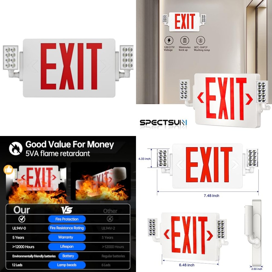 スペクトサン 1パック非常灯付き出口標識、2つのLED調整可 - Emergency Exit Sign のレビューと価格