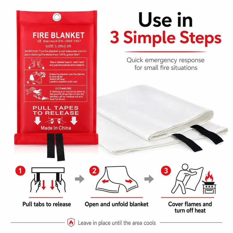4枚パック グラスファイバー製緊急防火毛布 40×40インチ - Fire Blanket Kitchen のレビューと価格