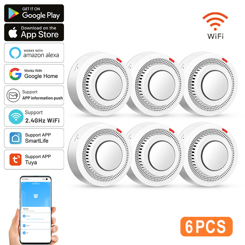 6パック Tuya WiFi スマート煙センサー Smart - Smoke Detector Interconnected のレビューと価格